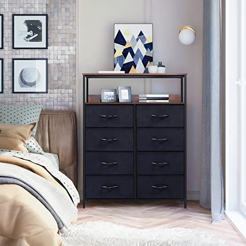 LYNCOHOME 8 Drawer Dresser for Bedroom, Fabric Dresser with Shelves, Chest of Drawers for Bedroom, Closet, Clothes, Storage Tower with Sturdy Steel Frame, Wood Top, Fabric Drawers