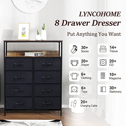 LYNCOHOME 8 Drawer Dresser for Bedroom, Fabric Dresser with Shelves, Chest of Drawers for Bedroom, Closet, Clothes, Storage Tower with Sturdy Steel Frame, Wood Top, Fabric Drawers