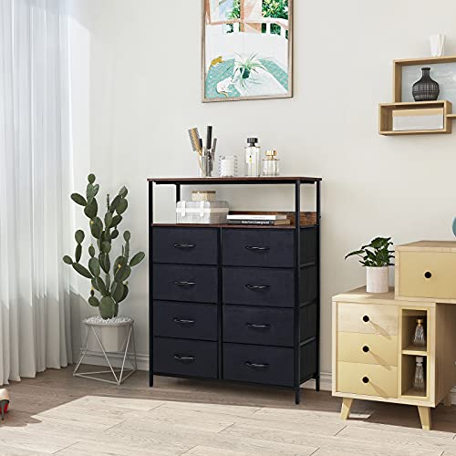 LYNCOHOME 8 Drawer Dresser for Bedroom, Fabric Dresser with Shelves, Chest of Drawers for Bedroom, Closet, Clothes, Storage Tower with Sturdy Steel Frame, Wood Top, Fabric Drawers