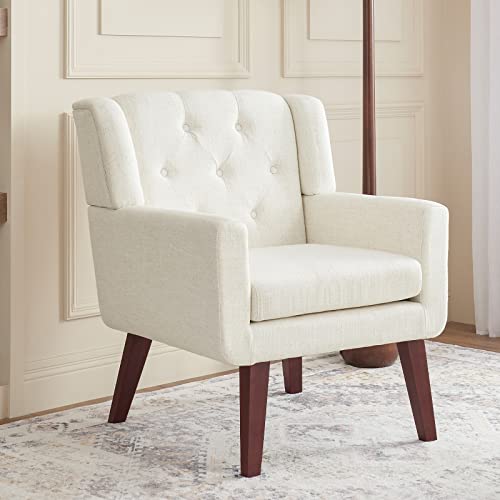Accent Reading Chair Button-Tufted Upholstered Comfy Mid Century Modern Chair with Linen Fabric Lounge Arm Chairs for Living Room Bedroom (Beige)