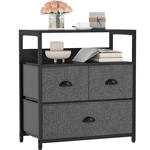 Furologee Nightstand with 3 Drawers, Dresser with Storage Shelf, Bedside Table/Closet Organizer, Rustic Fabric Linen Bins & Wooden Top for Bedroom, Hallway, Hotel (Dak Grey)