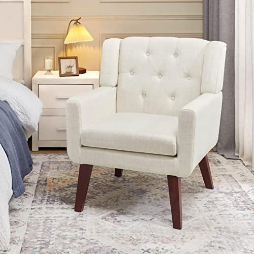 Accent Reading Chair Button-Tufted Upholstered Comfy Mid Century Modern Chair with Linen Fabric Lounge Arm Chairs for Living Room Bedroom (Beige)