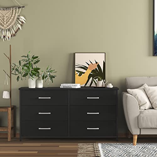 IKENO 6 Drawer Double Dresser, Industrial Wood Dresser for Bedroom, Sturdy Steel Frame…