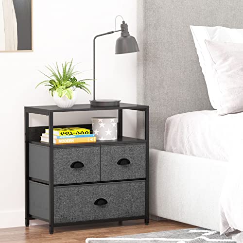 Furologee Nightstand with 3 Drawers, Dresser with Storage Shelf, Bedside Table/Closet Organizer, Rustic Fabric Linen Bins & Wooden Top for Bedroom, Hallway, Hotel (Dak Grey)