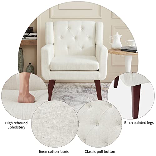 Accent Reading Chair Button-Tufted Upholstered Comfy Mid Century Modern Chair with Linen Fabric Lounge Arm Chairs for Living Room Bedroom (Beige)