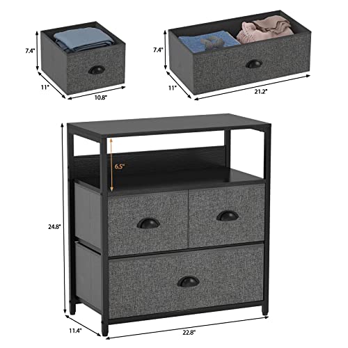 Furologee Nightstand with 3 Drawers, Dresser with Storage Shelf, Bedside Table/Closet Organizer, Rustic Fabric Linen Bins & Wooden Top for Bedroom, Hallway, Hotel (Dak Grey)
