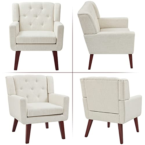 Accent Reading Chair Button-Tufted Upholstered Comfy Mid Century Modern Chair with Linen Fabric Lounge Arm Chairs for Living Room Bedroom (Beige)
