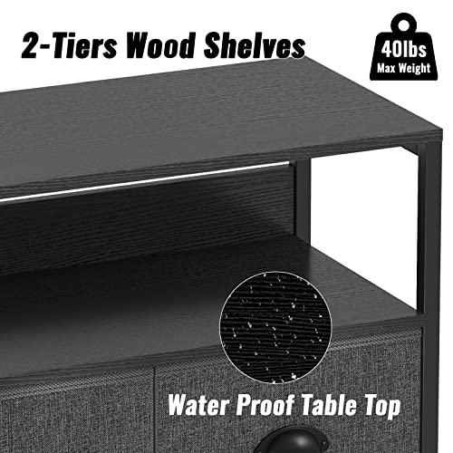 Furologee Nightstand with 3 Drawers, Dresser with Storage Shelf, Bedside Table/Closet Organizer, Rustic Fabric Linen Bins & Wooden Top for Bedroom, Hallway, Hotel (Dak Grey)