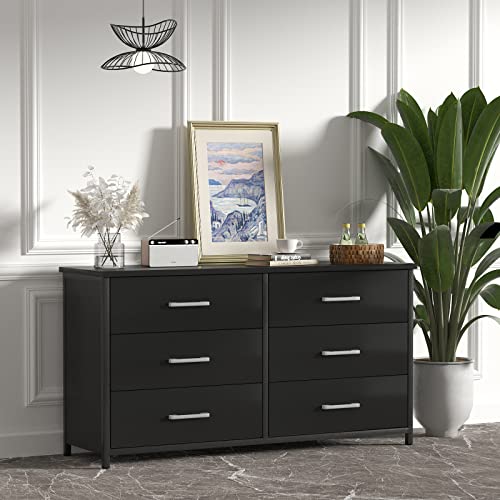 IKENO 6 Drawer Double Dresser, Industrial Wood Dresser for Bedroom, Sturdy Steel Frame…