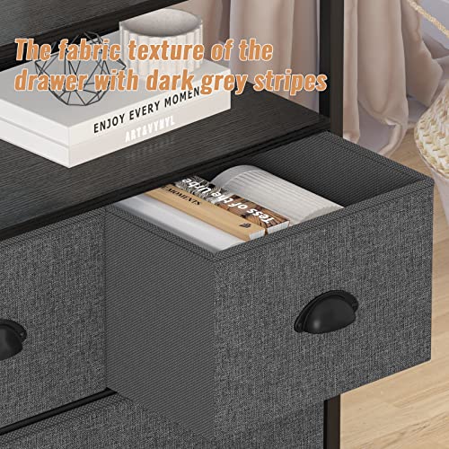 Furologee Nightstand with 3 Drawers, Dresser with Storage Shelf, Bedside Table/Closet Organizer, Rustic Fabric Linen Bins & Wooden Top for Bedroom, Hallway, Hotel (Dak Grey)