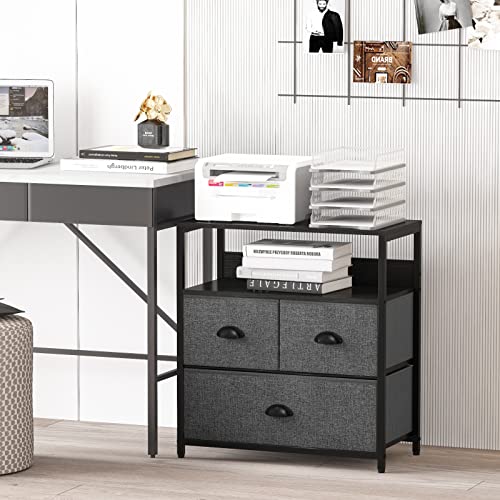 Furologee Nightstand with 3 Drawers, Dresser with Storage Shelf, Bedside Table/Closet Organizer, Rustic Fabric Linen Bins & Wooden Top for Bedroom, Hallway, Hotel (Dak Grey)