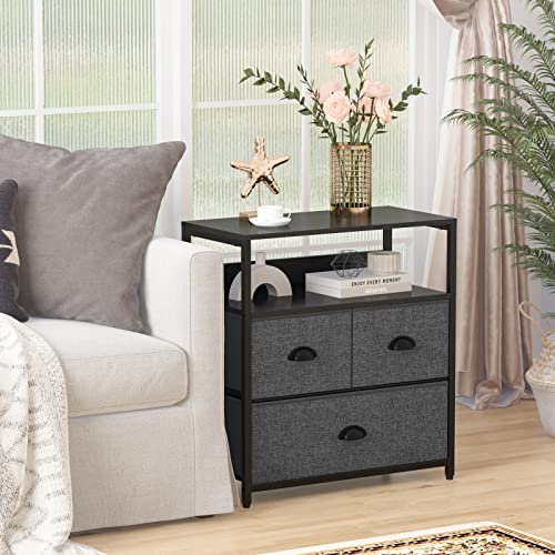 Furologee Nightstand with 3 Drawers, Dresser with Storage Shelf, Bedside Table/Closet Organizer, Rustic Fabric Linen Bins & Wooden Top for Bedroom, Hallway, Hotel (Dak Grey)