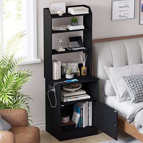 EPHEX Nightstand with Charging Station, 55.1" Tall Bedside Table with Adjustable Shelves, End Side Table with 3 Open Shelf, Storage Cabinet for Home Office, Black