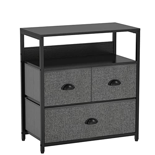 Furologee Nightstand with 3 Drawers, Dresser with Storage Shelf, Bedside Table/Closet Organizer, Rustic Fabric Linen Bins & Wooden Top for Bedroom, Hallway, Hotel (Dak Grey)