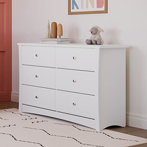 Storkcraft Crescent 6 Drawer Double Dresser (White) – GREENGUARD Gold Certified, Kids Dresser Drawer Organizer For Nursery, Chest of Drawers