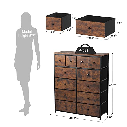 EnHomee Dresser for Bedroom with 12 Drawers, Tall Dresser with Wooden Top and Metal Frame, Fabric Storage Drawer Dresser & Chest of Drawers for Bedroom Closet, 40.6"W x 11.8"D x 43.7"H, Rustic Brown
