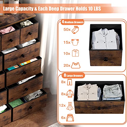 EnHomee Dresser for Bedroom with 12 Drawers, Tall Dresser with Wooden Top and Metal Frame, Fabric Storage Drawer Dresser & Chest of Drawers for Bedroom Closet, 40.6"W x 11.8"D x 43.7"H, Rustic Brown