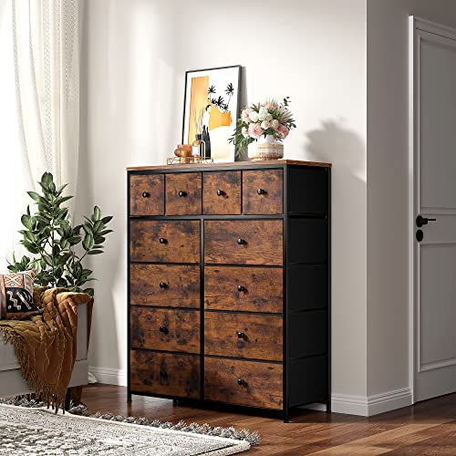 EnHomee Dresser for Bedroom with 12 Drawers, Tall Dresser with Wooden Top and Metal Frame, Fabric Storage Drawer Dresser & Chest of Drawers for Bedroom Closet, 40.6"W x 11.8"D x 43.7"H, Rustic Brown