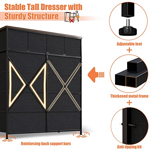 EnHomee Dresser for Bedroom with 12 Drawers, Tall Dresser with Wooden Top and Metal Frame, Fabric Storage Drawer Dresser & Chest of Drawers for Bedroom Closet, 40.6"W x 11.8"D x 43.7"H, Rustic Brown