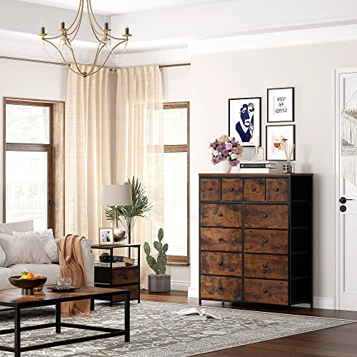 EnHomee Dresser for Bedroom with 12 Drawers, Tall Dresser with Wooden Top and Metal Frame, Fabric Storage Drawer Dresser & Chest of Drawers for Bedroom Closet, 40.6"W x 11.8"D x 43.7"H, Rustic Brown