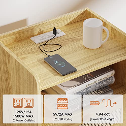 SUPERJARE Nightstands Set of 2, Night Stands with Charging Station & PE Rattan Decor Drawer, Bed Side Tables with Solid Wood Feet, End Table, for Bedroom, Living Room - Natural