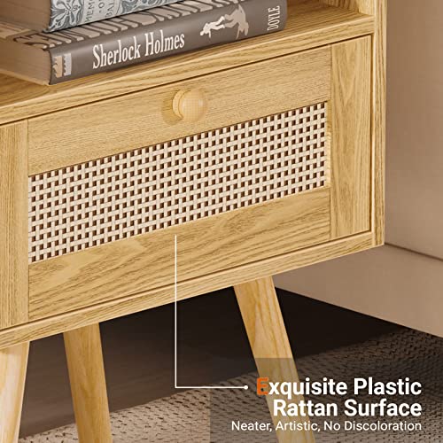 SUPERJARE Nightstands Set of 2, Night Stands with Charging Station & PE Rattan Decor Drawer, Bed Side Tables with Solid Wood Feet, End Table, for Bedroom, Living Room - Natural
