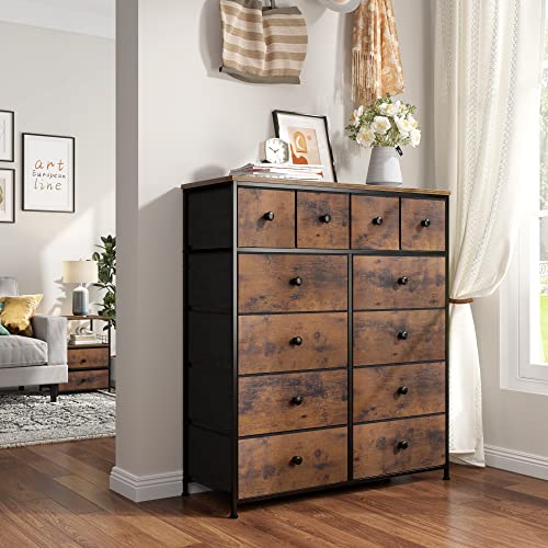 EnHomee Dresser for Bedroom with 12 Drawers, Tall Dresser with Wooden Top and Metal Frame, Fabric Storage Drawer Dresser & Chest of Drawers for Bedroom Closet, 40.6"W x 11.8"D x 43.7"H, Rustic Brown