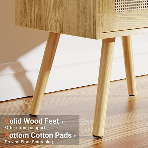 SUPERJARE Nightstands Set of 2, Night Stands with Charging Station & PE Rattan Decor Drawer, Bed Side Tables with Solid Wood Feet, End Table, for Bedroom, Living Room - Natural