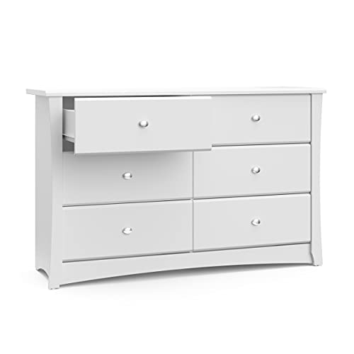 Storkcraft Crescent 6 Drawer Double Dresser (White) – GREENGUARD Gold Certified, Kids Dresser Drawer Organizer For Nursery, Chest of Drawers