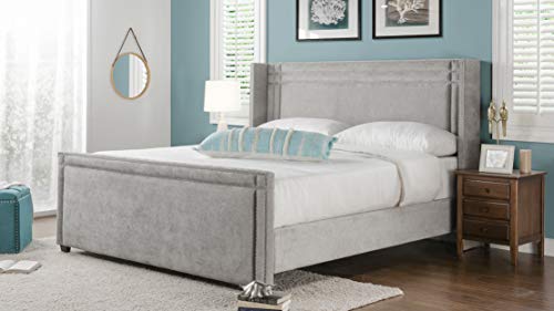 Jennifer Taylor Home Elle Collection Modern Upholstered King Size Bed Frame, Nailhead Trim, Silver Gray