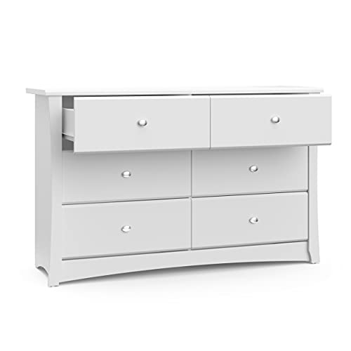 Storkcraft Crescent 6 Drawer Double Dresser (White) – GREENGUARD Gold Certified, Kids Dresser Drawer Organizer For Nursery, Chest of Drawers
