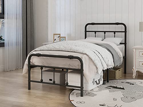 Yoshiely Twin-Size Platform Bed-Frame with-Headboard & Footboard - Easy Assembly Metal Mattress-Foundation Victorian Vintage Style no Box Spring Needed 13inch Storage with Decoration Ball(Black)