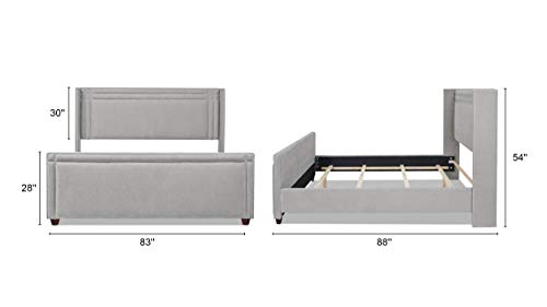 Jennifer Taylor Home Elle Collection Modern Upholstered King Size Bed Frame, Nailhead Trim, Silver Gray