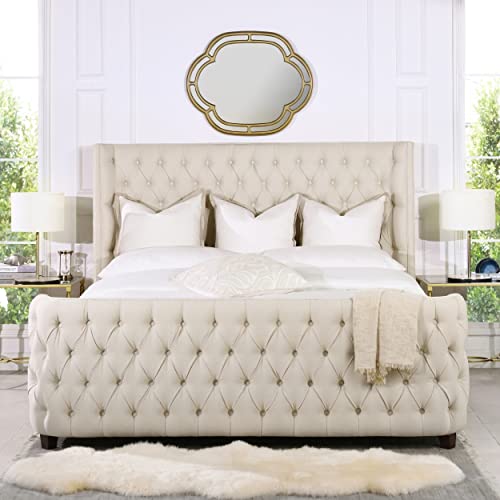Jennifer Taylor Home Brooklyn Upholstered Shelter Headboard Bed Set, King (U.S. Standard), Light Beige Linen