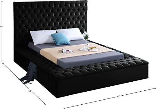 Meridian Furniture Bliss Collection Modern | Contemporary Velvet Upholstered Bed with Deep Button Tufting and Storage Compartments in Rails and Footboard, Black, Queen