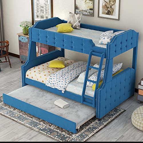 Twin Over Full Upholstered Bunk Bed Frame with 6' and 8' inch Gel Memory Foam Mattress, Headboard, Footboard Slat Support Trundle Ladder, Tufted Button Design (Blue), (Ereddressy-Bed-2047)