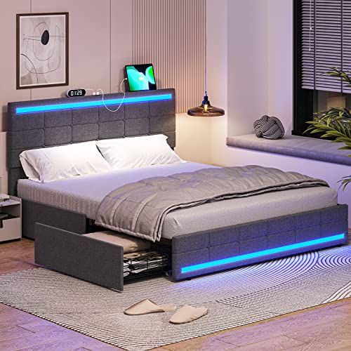 Tiptiper Full Size Bed Frame with LED Headboard & Footboard, Full Bed Frame with 2 USB Charging Station, Platform Bed Frame with Storage Drawers, No Box Spring Needed, Easy Assembly, Dark Grey