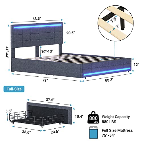 Tiptiper Full Size Bed Frame with LED Headboard & Footboard, Full Bed Frame with 2 USB Charging Station, Platform Bed Frame with Storage Drawers, No Box Spring Needed, Easy Assembly, Dark Grey