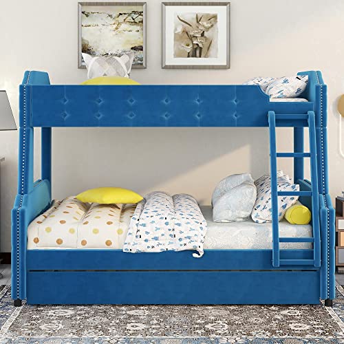 Twin Over Full Upholstered Bunk Bed Frame with 6' and 8' inch Gel Memory Foam Mattress, Headboard, Footboard Slat Support Trundle Ladder, Tufted Button Design (Blue), (Ereddressy-Bed-2047)