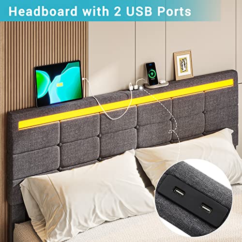 Tiptiper Full Size Bed Frame with LED Headboard & Footboard, Full Bed Frame with 2 USB Charging Station, Platform Bed Frame with Storage Drawers, No Box Spring Needed, Easy Assembly, Dark Grey
