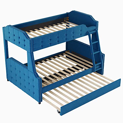 Twin Over Full Upholstered Bunk Bed Frame with 6' and 8' inch Gel Memory Foam Mattress, Headboard, Footboard Slat Support Trundle Ladder, Tufted Button Design (Blue), (Ereddressy-Bed-2047)