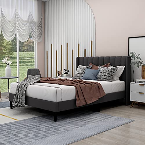 Zavoter Full Upholstered Platform Bed Frame with Headboard, Mattress Foundation, Wood Slat Support, Quiet, no Box Spring Needed, Easy to Assemble Dark Gray