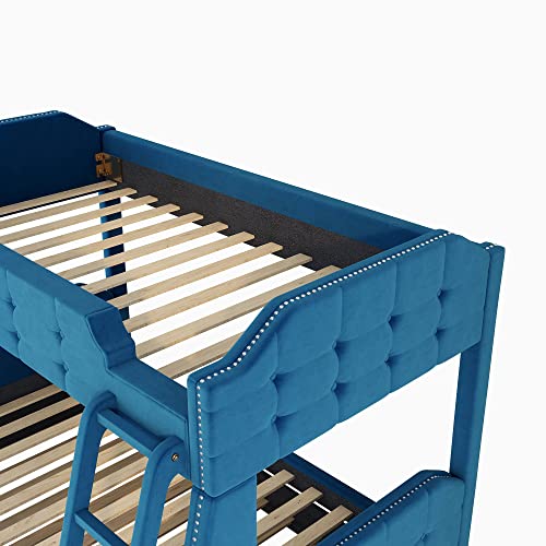 Twin Over Full Upholstered Bunk Bed Frame with 6' and 8' inch Gel Memory Foam Mattress, Headboard, Footboard Slat Support Trundle Ladder, Tufted Button Design (Blue), (Ereddressy-Bed-2047)
