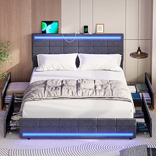 Tiptiper Full Size Bed Frame with LED Headboard & Footboard, Full Bed Frame with 2 USB Charging Station, Platform Bed Frame with Storage Drawers, No Box Spring Needed, Easy Assembly, Dark Grey