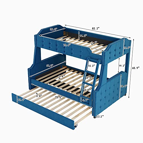 Twin Over Full Upholstered Bunk Bed Frame with 6' and 8' inch Gel Memory Foam Mattress, Headboard, Footboard Slat Support Trundle Ladder, Tufted Button Design (Blue), (Ereddressy-Bed-2047)