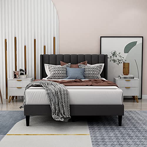 Zavoter Full Upholstered Platform Bed Frame with Headboard, Mattress Foundation, Wood Slat Support, Quiet, no Box Spring Needed, Easy to Assemble Dark Gray