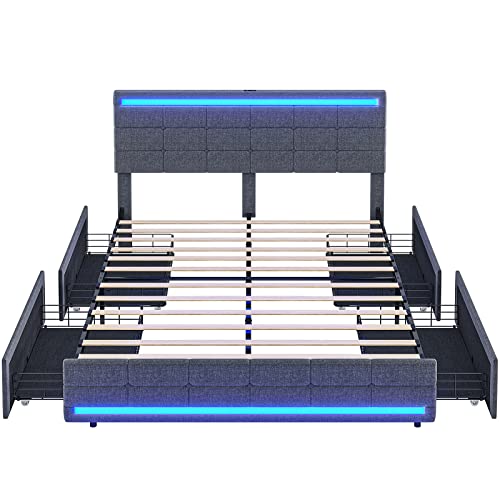 Tiptiper Full Size Bed Frame with LED Headboard & Footboard, Full Bed Frame with 2 USB Charging Station, Platform Bed Frame with Storage Drawers, No Box Spring Needed, Easy Assembly, Dark Grey