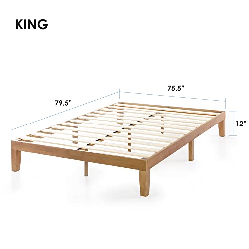 Mellow Naturalista Classic - 12 Inch Solid Wood Platform Bed with Wooden Slats, No Box Spring Needed, Easy Assembly, King, Natural Pine