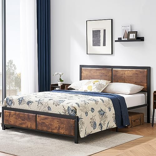 VECELO Full Platform Bed Frame/Mattress Foundation with Rustic Vintage Wood Headboard