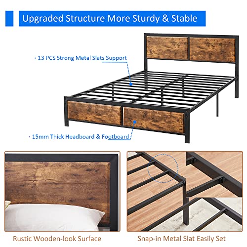 VECELO Full Platform Bed Frame/Mattress Foundation with Rustic Vintage Wood Headboard